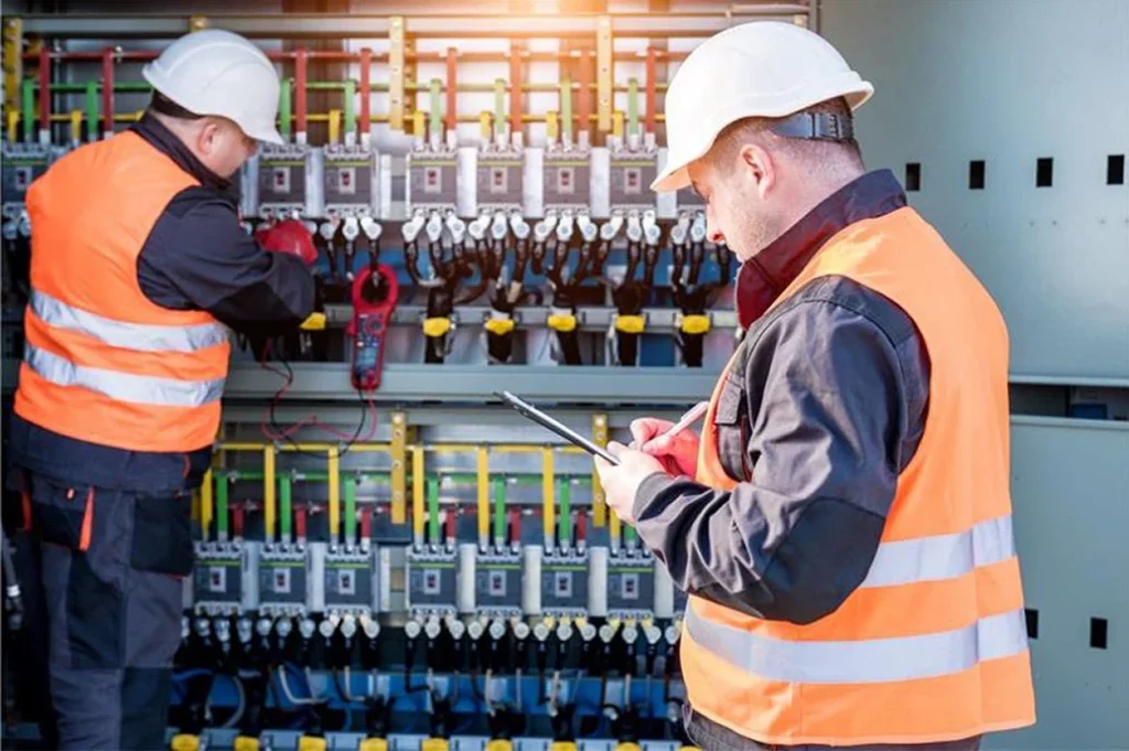 Workers assembling an electrical panel