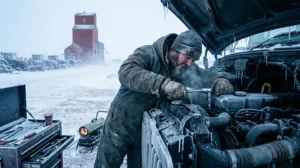 man working on a truck in the bitter cold